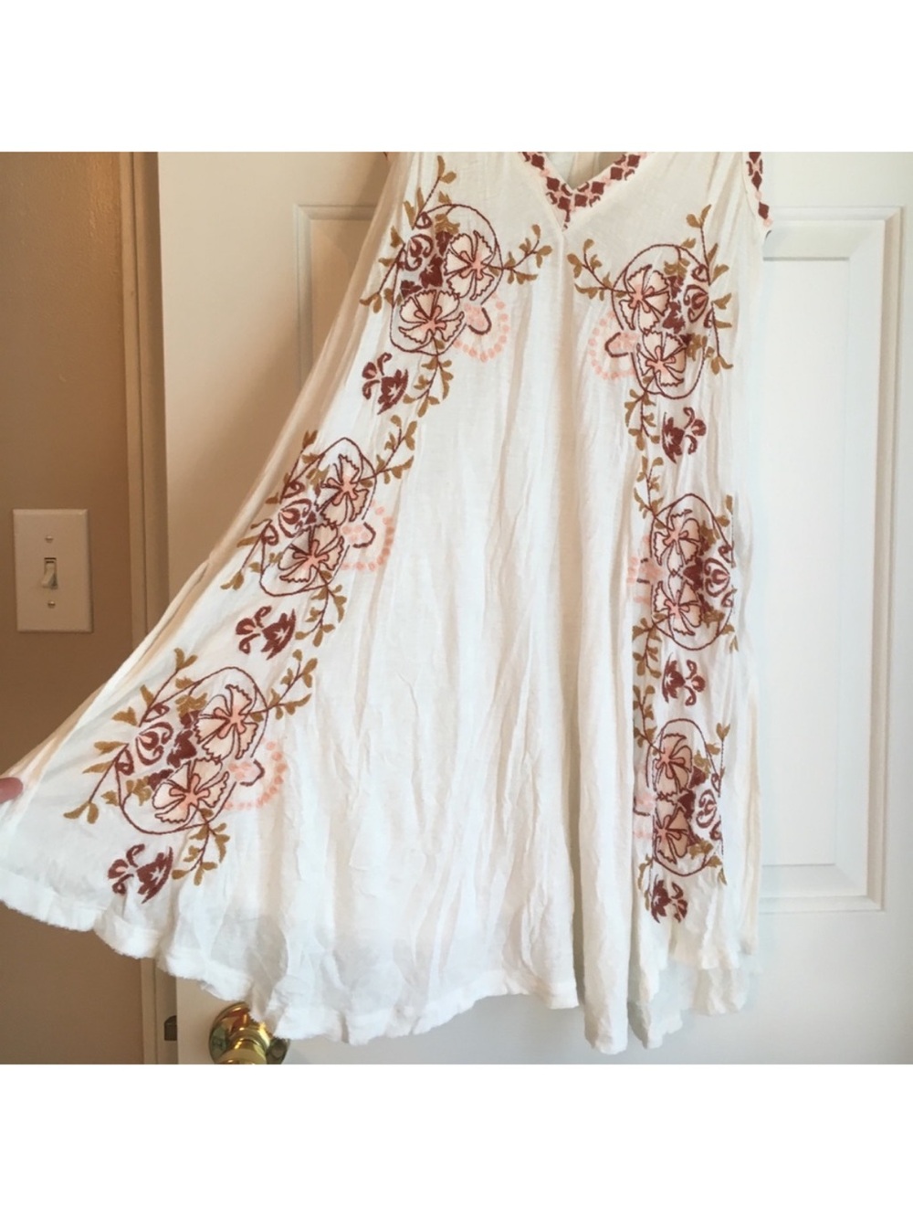 Free People White Midi Dress with Pink & Brown Embroidery